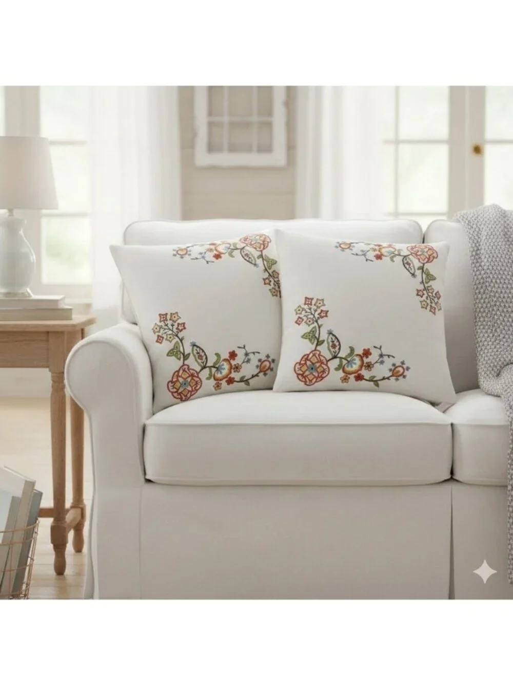 Pottery Barn Pillow Cover Crewel Embroidered Flowers 100% Cotton Set of 2 Red